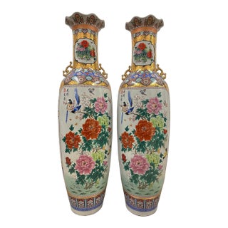 Pair of Vintage Chinese Famille Rose Porcelain Floor Vases For Sale