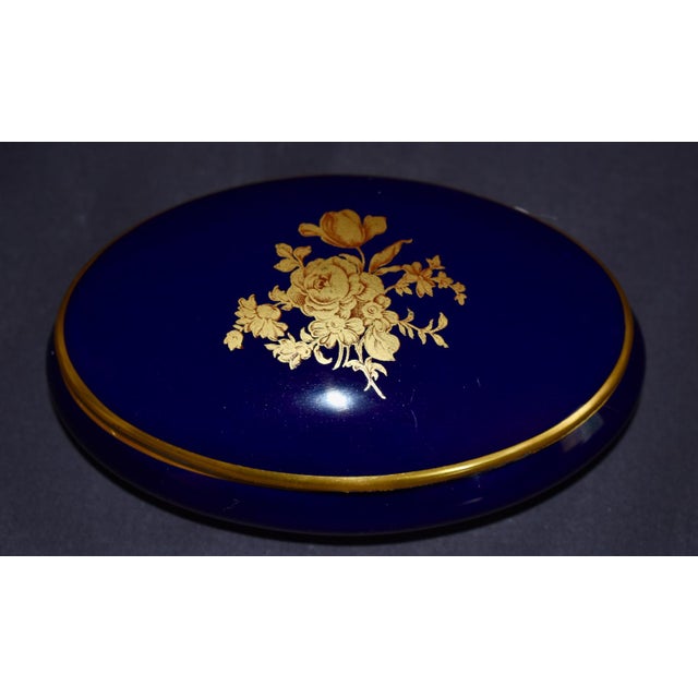 Limoges Oval Trinket Box France Cobalt Blue Porcelain Gold Floral 22k Vintage For Sale - Image 11 of 15