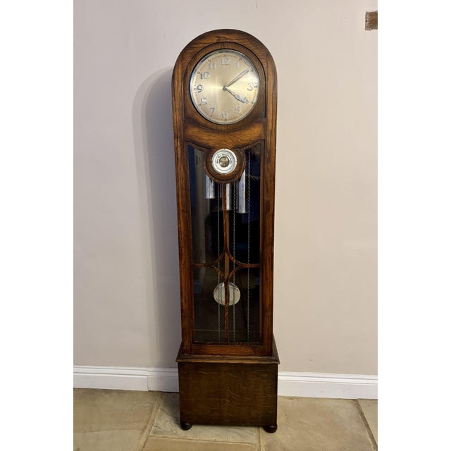 Antique Oak Chiming Longcase Barometer Clock, 1930 For Sale - Image 9 of 9