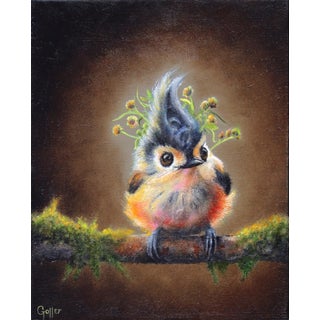 Pippin by Carrie Goller | Oil on gallery wrap canvas Bird with a floral crown on a branch For Sale