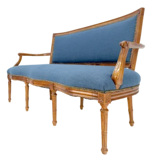 Antique French Louis XV Style Blue Upholstery Light Walnut Frame Sofa