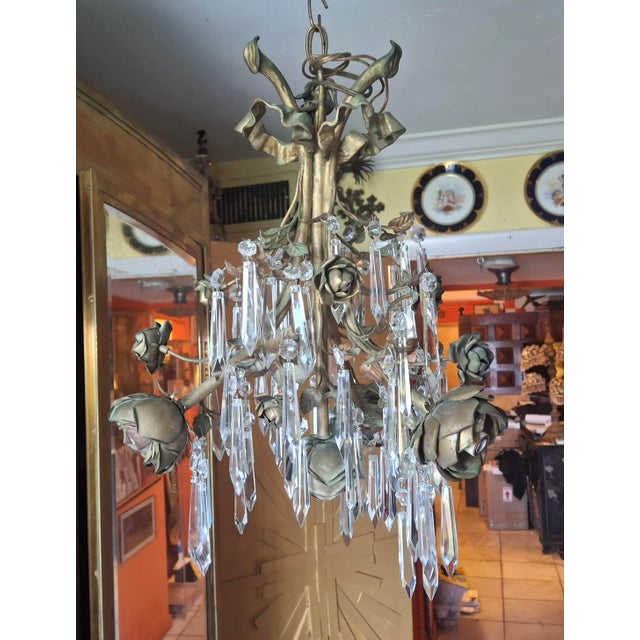 1940s Hollywood Regency Gilt & Verdigris Bronze/ Tole/ Crystal Pendant Chandelier For Sale In Miami - Image 6 of 12