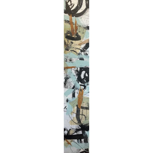 Bold black calligraphic strokes sweep over soft sage, aqua and cream, with warm touches of ochre and sienna appearing like...