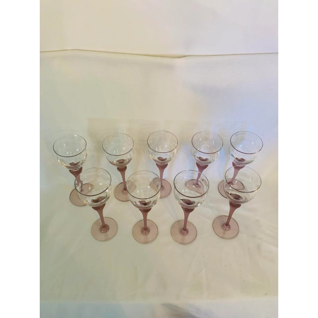 Vintage Frosted Dusty Rose-Color Stem Deco-Style Wine Glasses- Set of 9 For Sale - Image 4 of 13