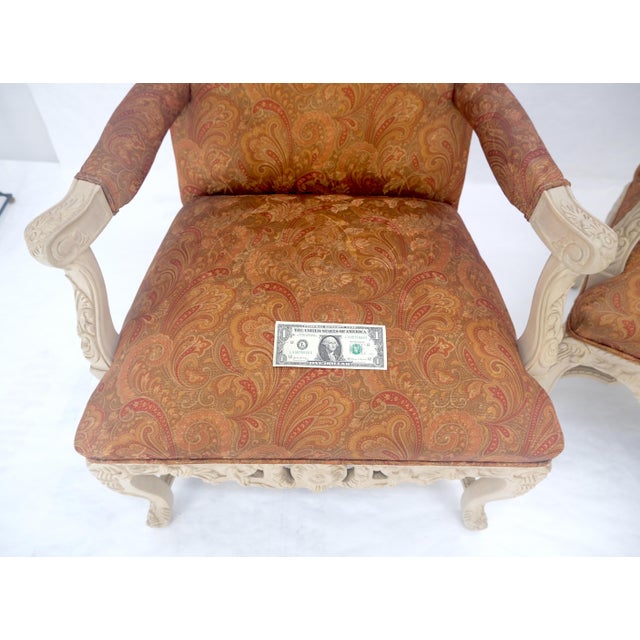Late 20th Century Pair of Fine Carved White Lacquer Rouge Floral Upholstery Arm Club Chairs MINT For Sale - Image 5 of 13