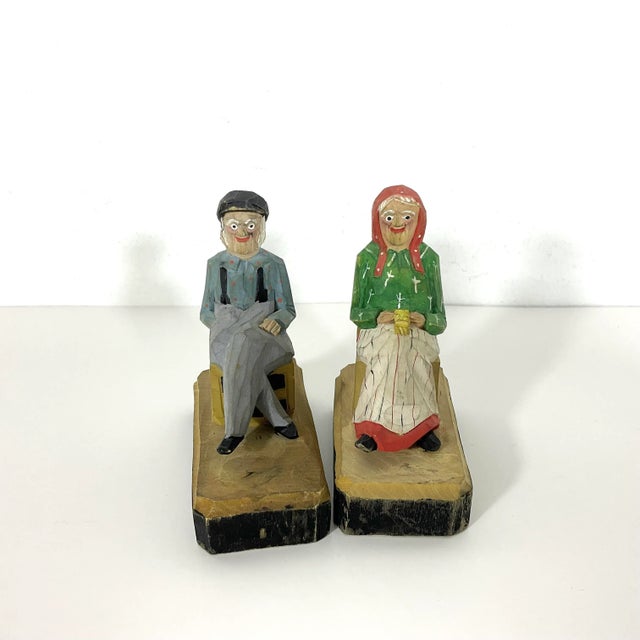 Vintage French Canadian Folk Art Carved and Painted Wood Couple- Set of 2 For Sale - Image 4 of 8