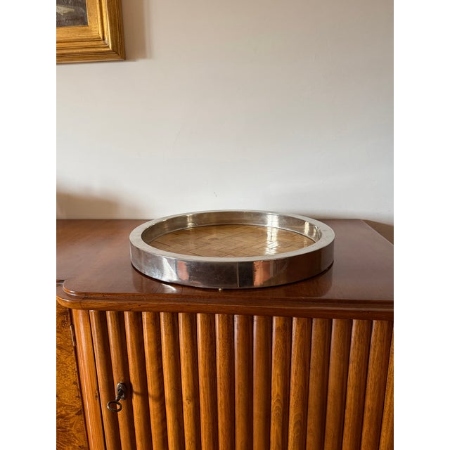 Hollywood regency bamboo and nickel plated brass tray Italy 1970s H 4,5 cm 40 cm diam. Conditions: excellent consistent...