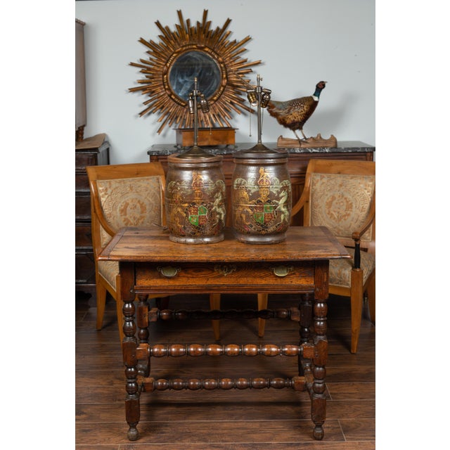 English 1880s English Wooden Barrels with Coat of Arms Made into Table Lamps - a Pair For Sale - Image 3 of 12