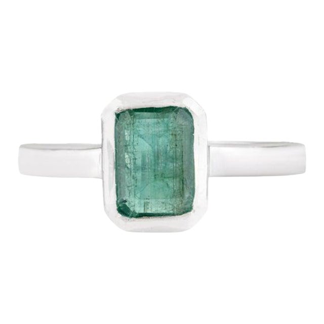Natural Emerald Bezel Set Solitaire Ring in 925 Sterling Silver - Size 7.5 For Sale