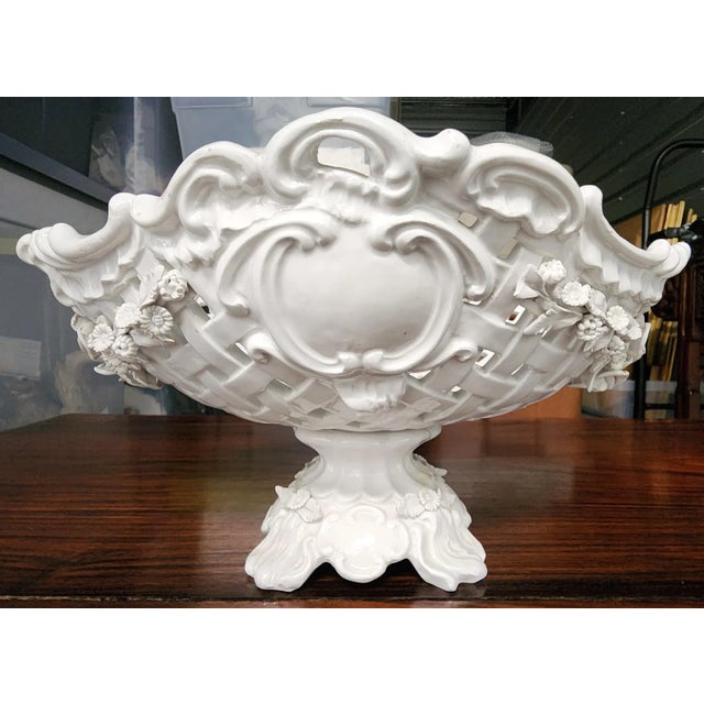 Ceramic Vintage Italian White Glazed Fine Ceramic Footed Oval Fruit Basket For Sale - Image 7 of 12