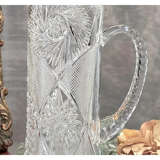 Transparent Vintage Brilliant Cut Glass Signed Yasemin Large Clear Cut Water Pitcher For Sale - Image 8 of 9