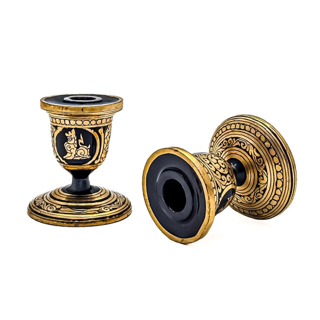 Folk Art Mid-20th Century Burmese Lacquer Candlesticks and Serpentine Tray, Shwe Zawa Gold Leaf, Set of 3 For Sale - Image 3 of 10