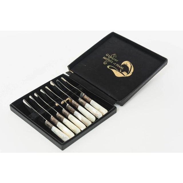 1950s Vintage Genuine Mother of Pearl , Metal and Stainless Steel Appetizer or Cheese Knives Set of 8 For Sale - Image 5 of 12