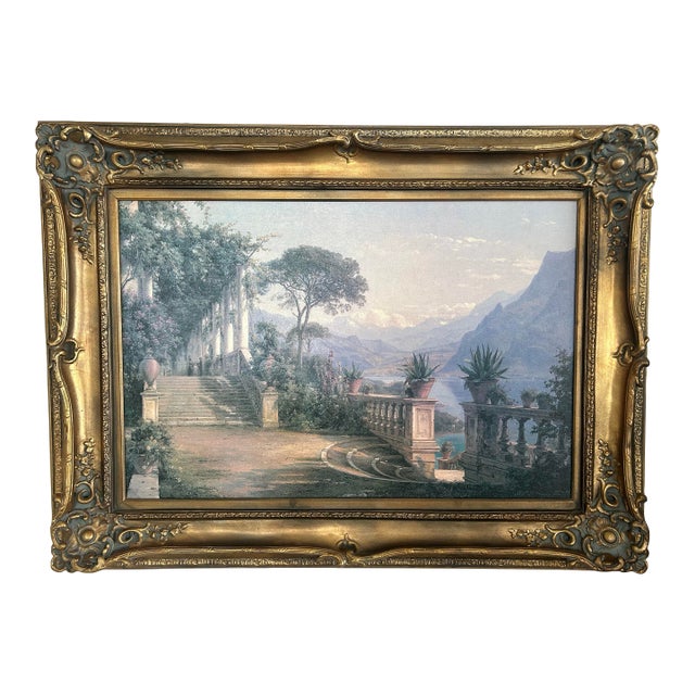 Gorgeous Framed Vintage Textured Canvas Italian Balcony Scene For Sale