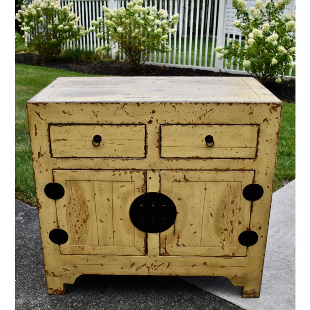Chinese Wood Painted Cabinet Ming Style Distressed Yellow For Sale - Image 16 of 16