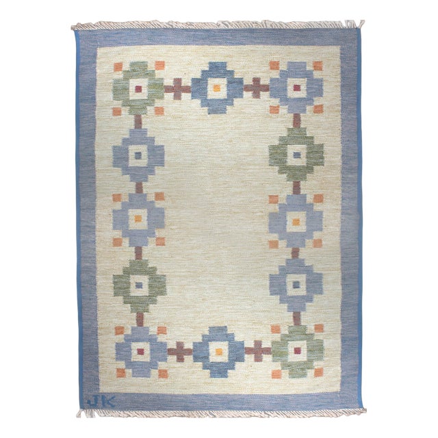 Mid-Century Modern Swedish Geometric Wool Kilim Rug by Karin Jönsson, 1960 For Sale