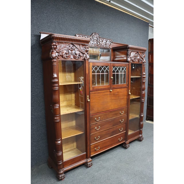 Traditional Attributed r.j. Horner Mahogany Breakfront Bookcase Secretary With Winged Griffin Carvings For Sale - Image 3 of 18