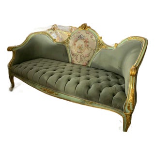 French Louis XV Three-Seat Velvet Sofa With Floral Damask Medallion & Hand-Gilded Frame For Sale