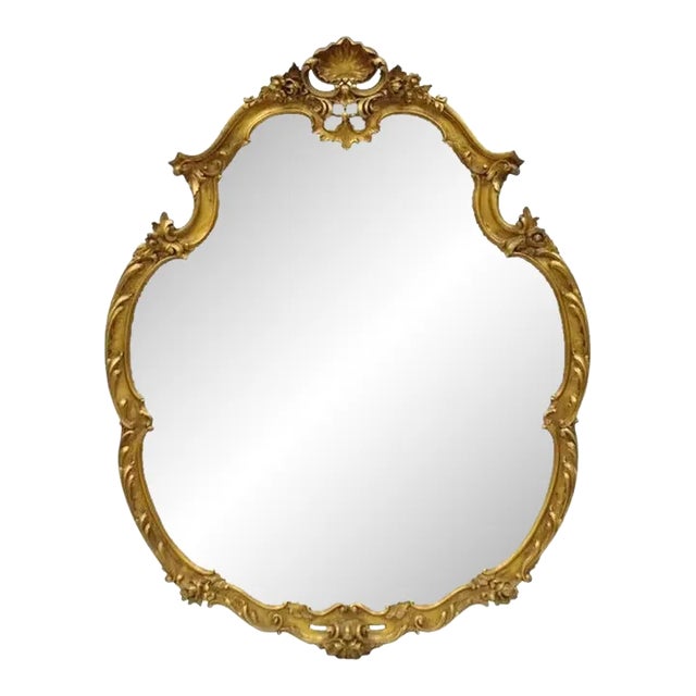 Vintage French Rococo Louis XV Style Shell Carved Large Gold Wall Mirror For Sale