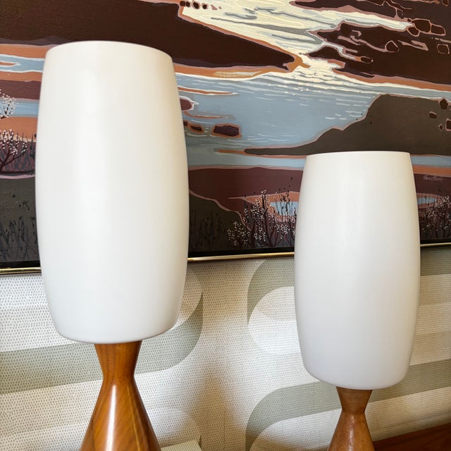 Wood Mid Century Conical Wood and Glass Table Lamps - Set of 2 For Sale - Image 7 of 17