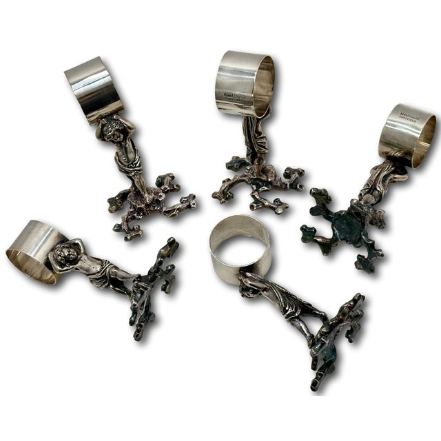 Metal Outstanding Orig. Set of 5 Large Antique Victorian Sheffield England Silverplate Figurative Putti Napkin Rings Circa 1900 For Sale - Image 7 of 18