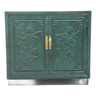 Henredon Furniture Green Asian Chinoiserie Faux Malachite 36" Storage Cabinet W. Embossed Floral Detail For Sale