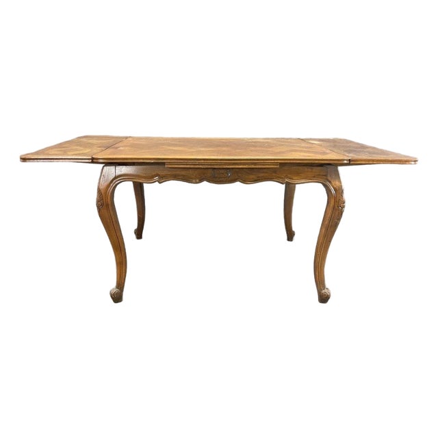 Antique French Provincial Draw Leaf Dining Table | Parquet Oak Louis XV Farmhouse (Circa 1870) For Sale