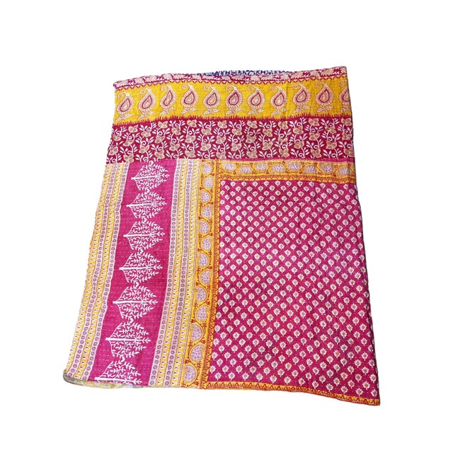 Vintage Indian CottonThrow Kantha Quilt 83" by 52" W For Sale - Image 10 of 11