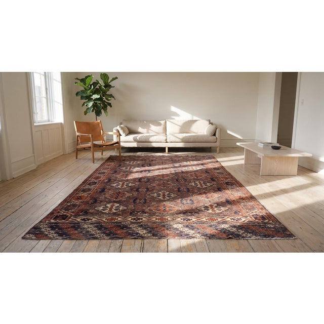 Special Auburn Brown Ground Color With Multicolor Diamond Pattern Geometric Design Antique Central Asian Chodor Turkmen Rug For Sale - Image 16 of 16