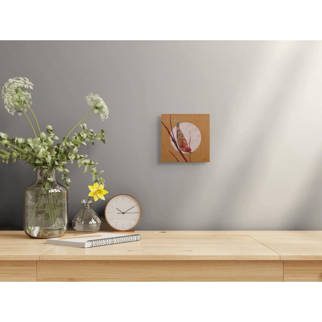 Early 21st Century House Finch by Terra Novak | Oil on wood Painting of a finch perched on a branch For Sale - Image 5 of 5