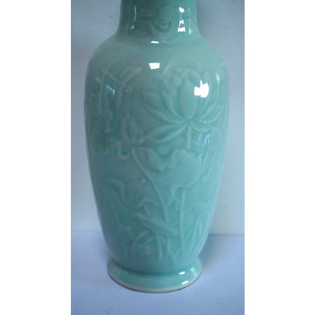Late 20th Century Late 20th Century Celadon Green Baluster Vase With Flowers and Foliage Design For Sale - Image 5 of 10