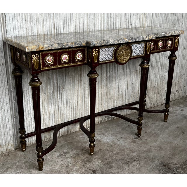 1930s French Console Napoleon III Style Mahogany and Brass With Porcelain Plaques For Sale - Image 5 of 13
