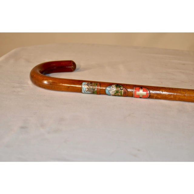 Rustic European Vintage Hickory Walking Stick With Three Badges For Sale - Image 3 of 4