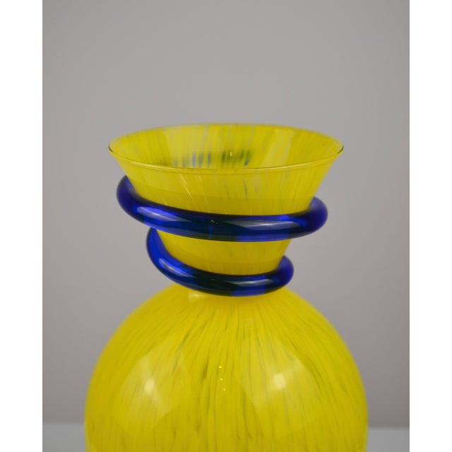 Sculptural Yellow Art Glass Vase with Cobalt Blue Spiral Neck, 1980s For Sale - Image 6 of 9