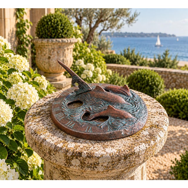 A gorgeous vintage iron garden sundial inspired by coastal landscapes, featuring three dolphins swimming. Pieces like this...