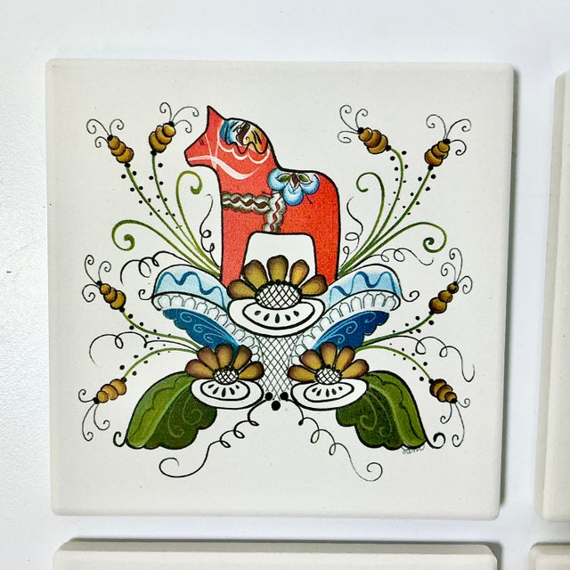 Ruby Red Late 20th C Swedish Gustavian Boho Chic Dala Horse Coasters - Set of 4 For Sale - Image 8 of 10