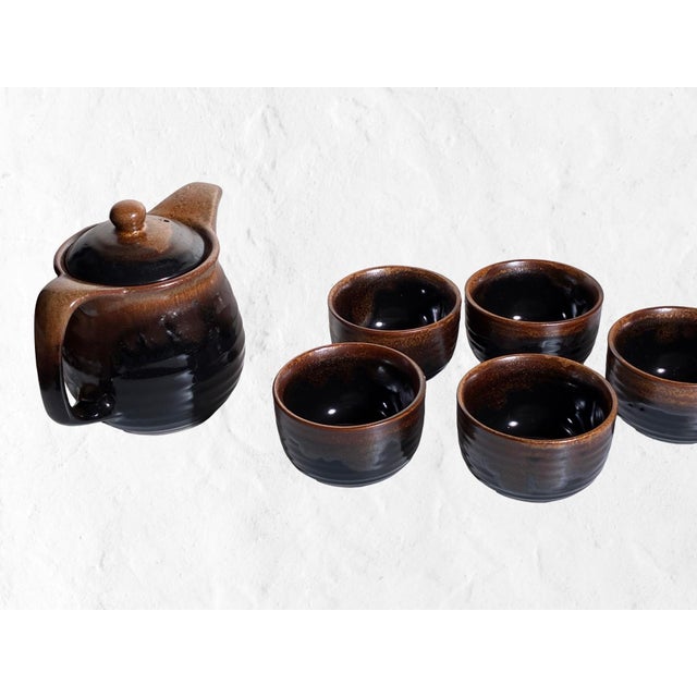 Vintage Japanese Stoneware Tea Service in Smoky Tenmoku Glaze — Set of 6 For Sale In Los Angeles - Image 6 of 12