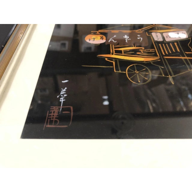 Mid 20th Century Black and Gold Rickshaw Japanese Style Scenic Signed, Pair For Sale - Image 4 of 9