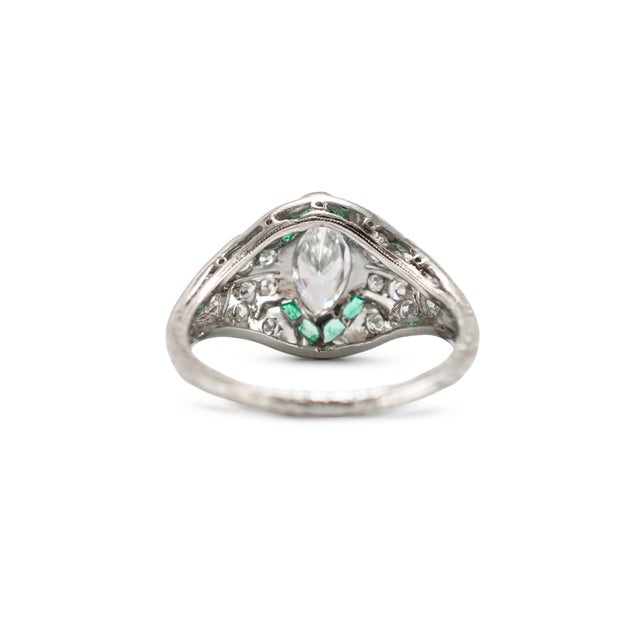 Antique Art Deco Platinum 0.97ctw Marquise Diamond Halo Emerald Engagement Ring, Size 5 For Sale In Houston - Image 6 of 9