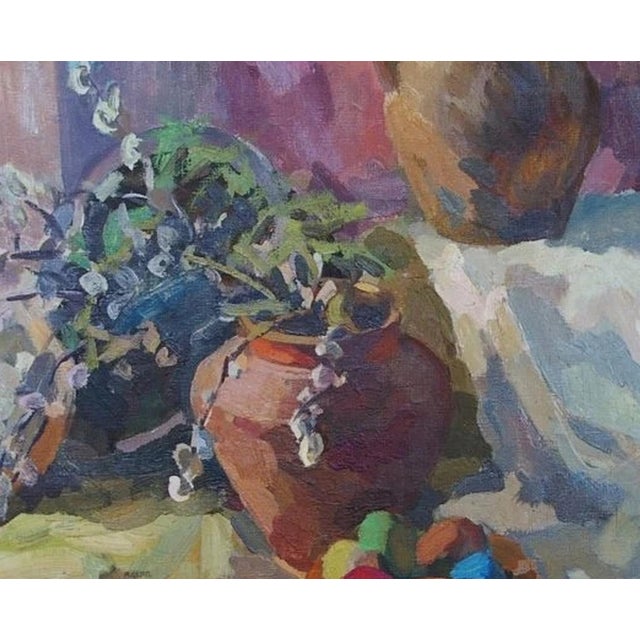 Antique Still Life Oil Painting: Flowers and Food, Ukrainian Art 52-64 For Sale - Image 4 of 6