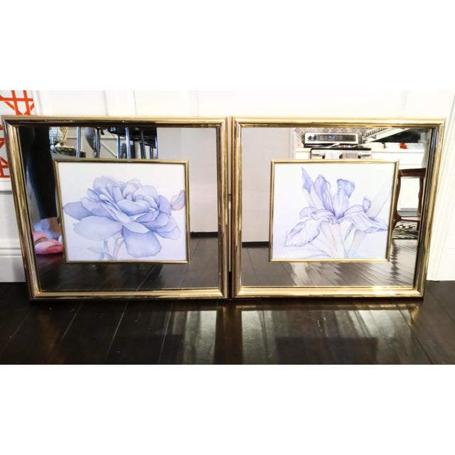 Purple Vintage Mirrored Framed Floral Hollywood Regency Watercolor Prints Art Work- a Pair For Sale - Image 8 of 12