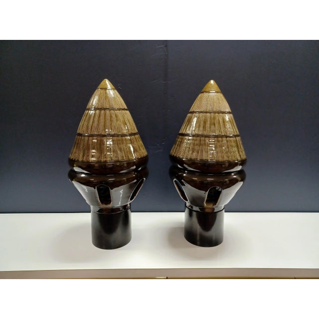 Mid 20th Century Vintage Pair of Mid 20th Century Thai Celadon Tiki Lamps For Sale - Image 5 of 5