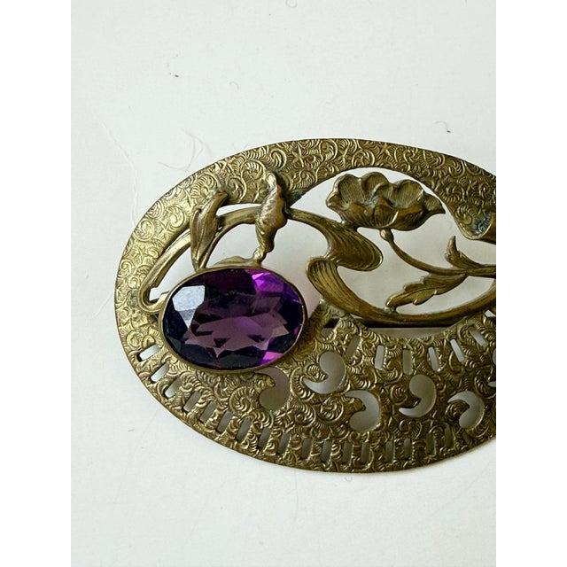 Victorian Antique Art Nouveau Sash Pin With Purple Stone C. 1900 For Sale - Image 3 of 5
