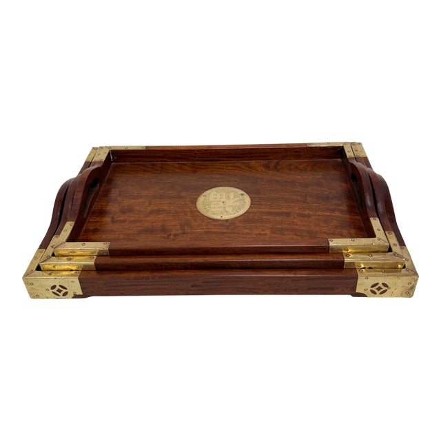 Brass + Rosewood Nesting Trays, Set of Three For Sale