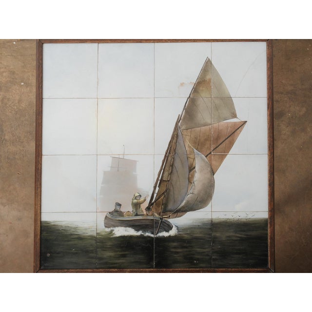 Traditional Antique Oak Tile-Top Side Table With Nautical Scene and Barley Twist Legs For Sale - Image 3 of 8