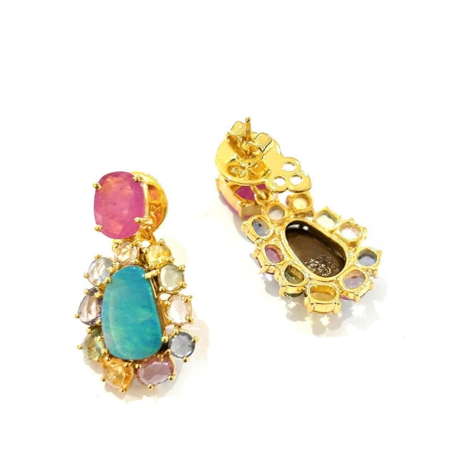 Bochic “Orient” Ruby, Opal & Multi Sapphires Earrings Set In 18K Gold & Silver - a pair For Sale - Image 4 of 12
