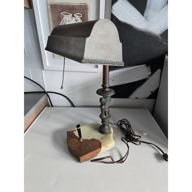 Metal 1910s Early Bronze Sphinx Bankers Lamp W Onyx Base & Pen Holder For Sale - Image 7 of 13