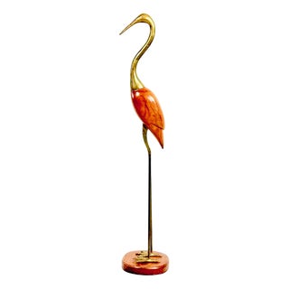 Mid-Century Modern Tall Carved Teak and Brass Heron Figurine, 1960s For Sale