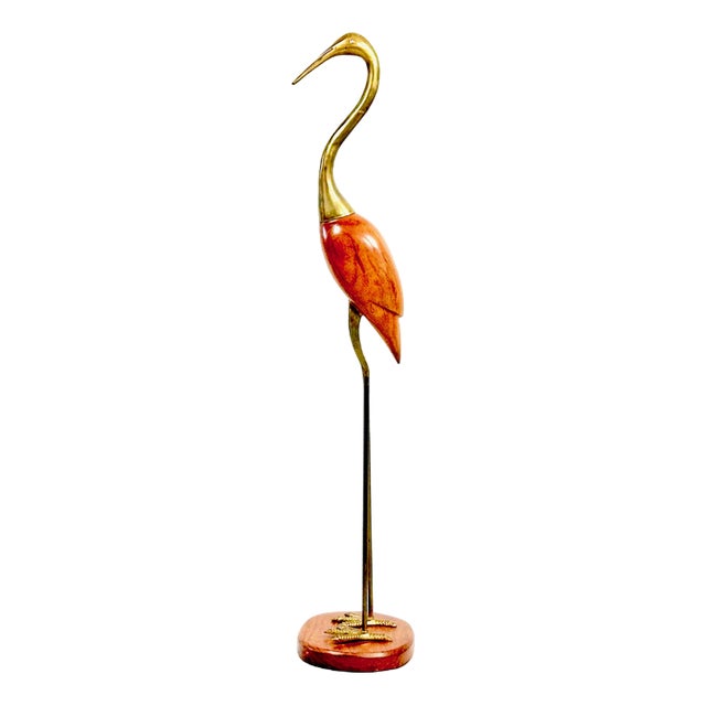 Mid-Century Modern Tall Carved Teak and Brass Heron Figurine, 1960s For Sale