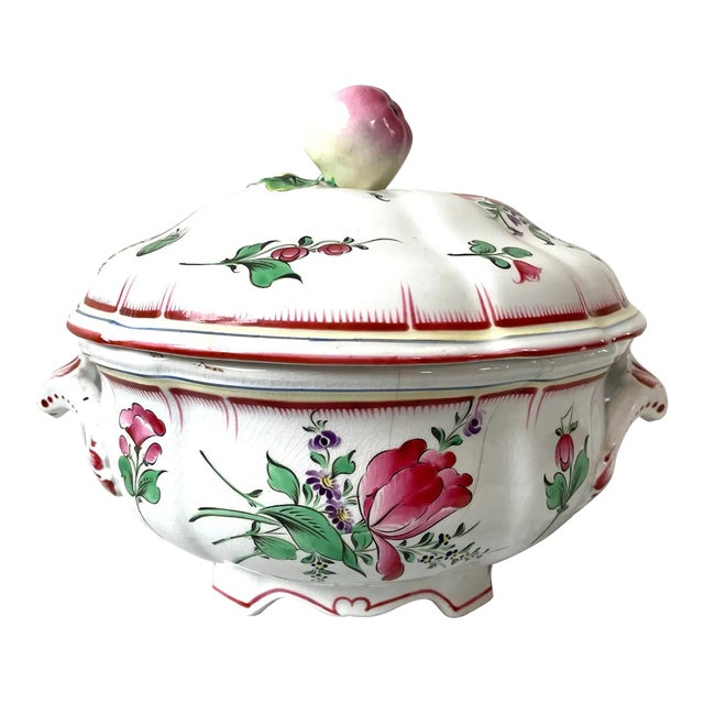 Antique French Faience Reverbere Fin Floral Tureen With Lid For Sale